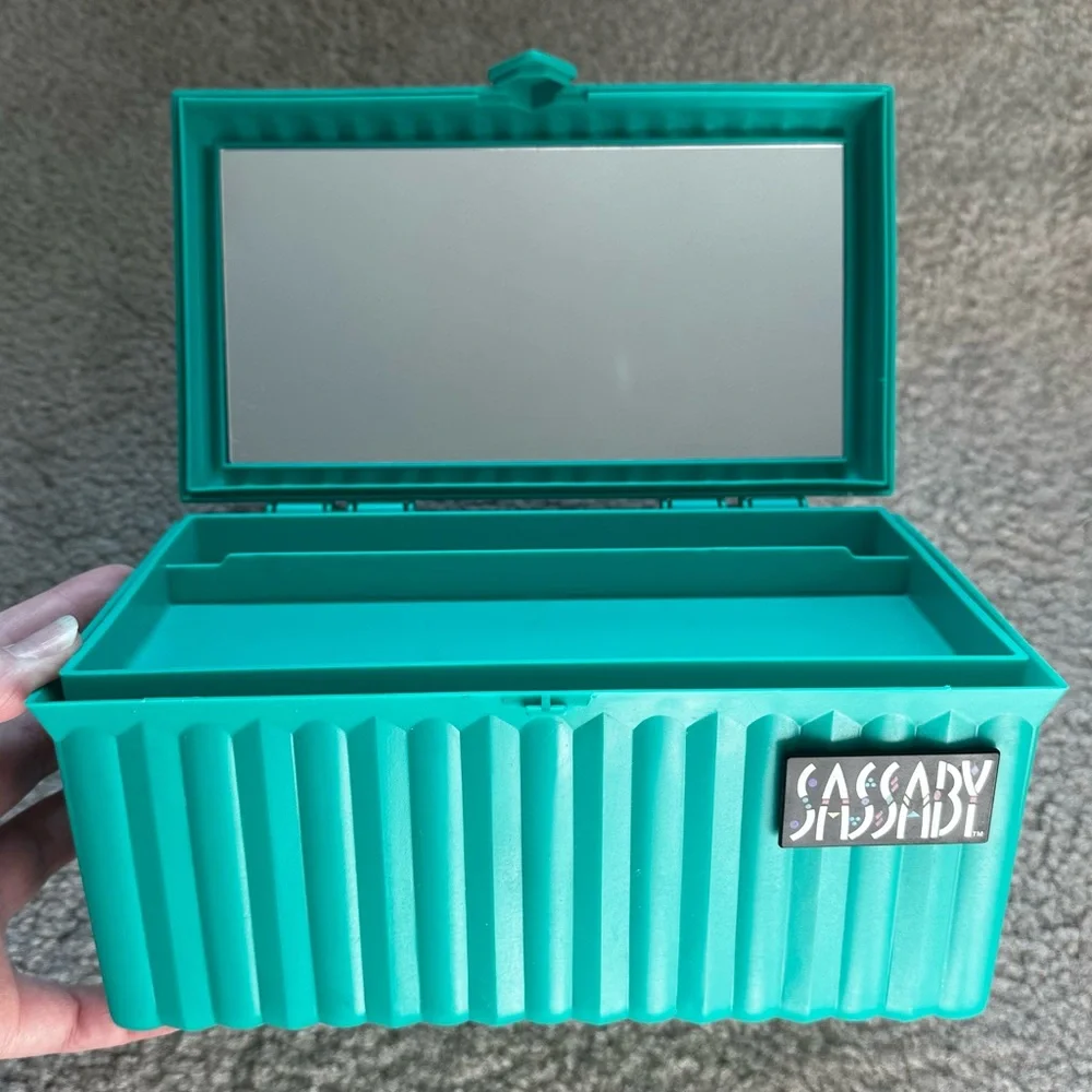 Vintage Sassaby Green Makeup Storage Case Jewelry Box Organizer #107 Tray Mirror